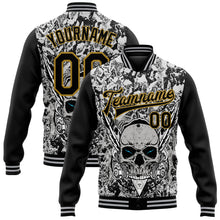 Load image into Gallery viewer, Custom Gray Black-Old Gold Skull With Feather 3D Bomber Full-Snap Varsity Letterman Two Tone Jacket