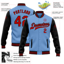 Load image into Gallery viewer, Custom Light Blue Red-Black Bomber Full-Snap Varsity Letterman Two Tone Jacket