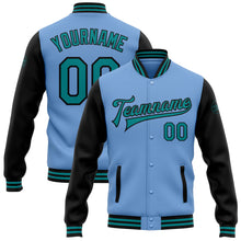 Load image into Gallery viewer, Custom Light Blue Teal-Black Bomber Full-Snap Varsity Letterman Two Tone Jacket