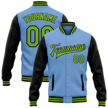 Load image into Gallery viewer, Custom Light Blue Neon Green-Black Bomber Full-Snap Varsity Letterman Two Tone Jacket