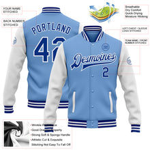 Load image into Gallery viewer, Custom Light Blue Royal-White Bomber Full-Snap Varsity Letterman Two Tone Jacket