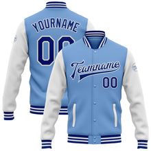 Load image into Gallery viewer, Custom Light Blue Royal-White Bomber Full-Snap Varsity Letterman Two Tone Jacket