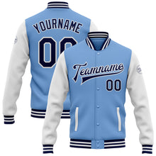 Load image into Gallery viewer, Custom Light Blue Navy-White Bomber Full-Snap Varsity Letterman Two Tone Jacket