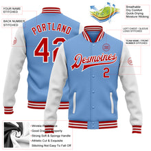 Load image into Gallery viewer, Custom Light Blue Red-White Bomber Full-Snap Varsity Letterman Two Tone Jacket