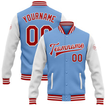 Load image into Gallery viewer, Custom Light Blue Red-White Bomber Full-Snap Varsity Letterman Two Tone Jacket