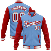 Load image into Gallery viewer, Custom Light Blue White-Red Bomber Full-Snap Varsity Letterman Two Tone Jacket