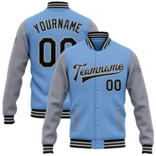 Load image into Gallery viewer, Custom Light Blue Black-Gray Bomber Full-Snap Varsity Letterman Two Tone Jacket