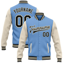 Load image into Gallery viewer, Custom Light Blue Black-Cream Bomber Full-Snap Varsity Letterman Two Tone Jacket