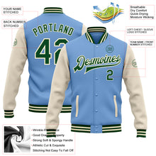 Load image into Gallery viewer, Custom Light Blue Green-Cream Bomber Full-Snap Varsity Letterman Two Tone Jacket