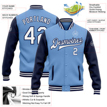 Load image into Gallery viewer, Custom Light Blue White-Navy Bomber Full-Snap Varsity Letterman Two Tone Jacket