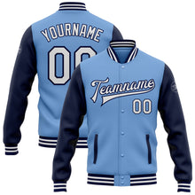 Load image into Gallery viewer, Custom Light Blue White-Navy Bomber Full-Snap Varsity Letterman Two Tone Jacket