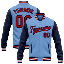 Load image into Gallery viewer, Custom Light Blue Red-Navy Bomber Full-Snap Varsity Letterman Two Tone Jacket