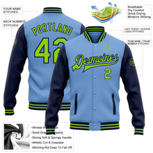 Load image into Gallery viewer, Custom Light Blue Neon Green-Navy Bomber Full-Snap Varsity Letterman Two Tone Jacket
