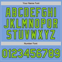 Load image into Gallery viewer, Custom Light Blue Neon Green-Navy Bomber Full-Snap Varsity Letterman Two Tone Jacket