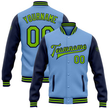 Load image into Gallery viewer, Custom Light Blue Neon Green-Navy Bomber Full-Snap Varsity Letterman Two Tone Jacket