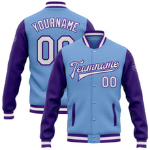 Load image into Gallery viewer, Custom Light Blue White-Purple Bomber Full-Snap Varsity Letterman Two Tone Jacket