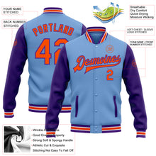 Load image into Gallery viewer, Custom Light Blue Orange-Purple Bomber Full-Snap Varsity Letterman Two Tone Jacket