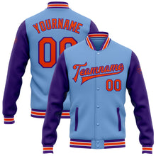 Load image into Gallery viewer, Custom Light Blue Orange-Purple Bomber Full-Snap Varsity Letterman Two Tone Jacket