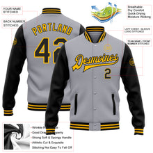 Load image into Gallery viewer, Custom Gray Black-Gold Bomber Full-Snap Varsity Letterman Two Tone Jacket