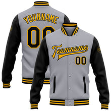 Load image into Gallery viewer, Custom Gray Black-Gold Bomber Full-Snap Varsity Letterman Two Tone Jacket