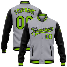 Load image into Gallery viewer, Custom Gray Neon Green-Black Bomber Full-Snap Varsity Letterman Two Tone Jacket