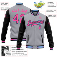 Load image into Gallery viewer, Custom Gray Pink Black-Light Blue Bomber Full-Snap Varsity Letterman Two Tone Jacket