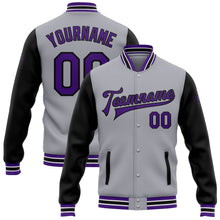 Load image into Gallery viewer, Custom Gray Purple-Black Bomber Full-Snap Varsity Letterman Two Tone Jacket