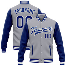 Load image into Gallery viewer, Custom Gray Royal-White Bomber Full-Snap Varsity Letterman Two Tone Jacket
