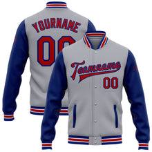 Load image into Gallery viewer, Custom Gray Red-Royal Bomber Full-Snap Varsity Letterman Two Tone Jacket