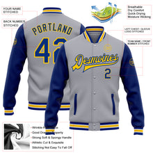 Load image into Gallery viewer, Custom Gray Royal-Yellow Bomber Full-Snap Varsity Letterman Two Tone Jacket