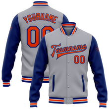 Load image into Gallery viewer, Custom Gray Orange-Royal Bomber Full-Snap Varsity Letterman Two Tone Jacket