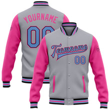 Load image into Gallery viewer, Custom Gray Light Blue Black-Pink Bomber Full-Snap Varsity Letterman Two Tone Jacket