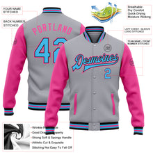 Load image into Gallery viewer, Custom Gray Sky Blue Black-Pink Bomber Full-Snap Varsity Letterman Two Tone Jacket
