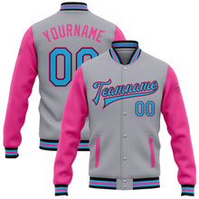 Load image into Gallery viewer, Custom Gray Sky Blue Black-Pink Bomber Full-Snap Varsity Letterman Two Tone Jacket