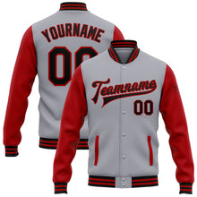 Load image into Gallery viewer, Custom Gray Black-Red Bomber Full-Snap Varsity Letterman Two Tone Jacket
