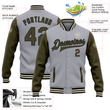 Load image into Gallery viewer, Custom Gray Olive Black-Cream Bomber Full-Snap Varsity Letterman Two Tone Jacket