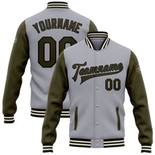 Load image into Gallery viewer, Custom Gray Olive Black-Cream Bomber Full-Snap Varsity Letterman Two Tone Jacket