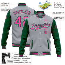 Load image into Gallery viewer, Custom Gray Pink-Kelly Green Bomber Full-Snap Varsity Letterman Two Tone Jacket