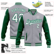Load image into Gallery viewer, Custom Gray White-Kelly Green Bomber Full-Snap Varsity Letterman Two Tone Jacket