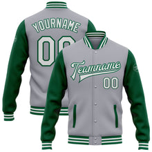 Load image into Gallery viewer, Custom Gray White-Kelly Green Bomber Full-Snap Varsity Letterman Two Tone Jacket