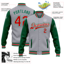 Load image into Gallery viewer, Custom Gray Red-Kelly Green Bomber Full-Snap Varsity Letterman Two Tone Jacket