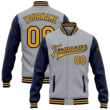 Load image into Gallery viewer, Custom Gray Gold-Navy Bomber Full-Snap Varsity Letterman Two Tone Jacket