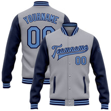 Load image into Gallery viewer, Custom Gray Light Blue-Navy Bomber Full-Snap Varsity Letterman Two Tone Jacket