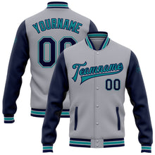 Load image into Gallery viewer, Custom Gray Navy-Teal Bomber Full-Snap Varsity Letterman Two Tone Jacket