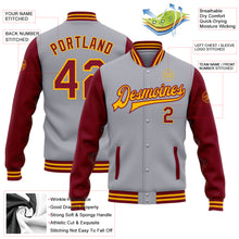Load image into Gallery viewer, Custom Gray Crimson-Gold Bomber Full-Snap Varsity Letterman Two Tone Jacket
