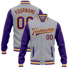 Load image into Gallery viewer, Custom Gray Purple-Gold Bomber Full-Snap Varsity Letterman Two Tone Jacket
