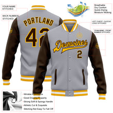 Load image into Gallery viewer, Custom Gray Brown-Gold Bomber Full-Snap Varsity Letterman Two Tone Jacket