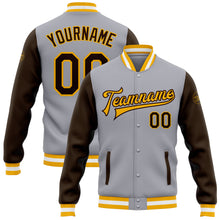 Load image into Gallery viewer, Custom Gray Brown-Gold Bomber Full-Snap Varsity Letterman Two Tone Jacket