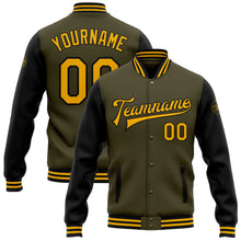 Load image into Gallery viewer, Custom Olive Gold-Black Bomber Full-Snap Varsity Letterman Two Tone Salute To Service Jacket
