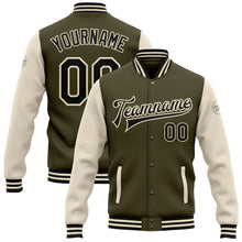 Load image into Gallery viewer, Custom Olive Black-Cream Bomber Full-Snap Varsity Letterman Two Tone Salute To Service Jacket